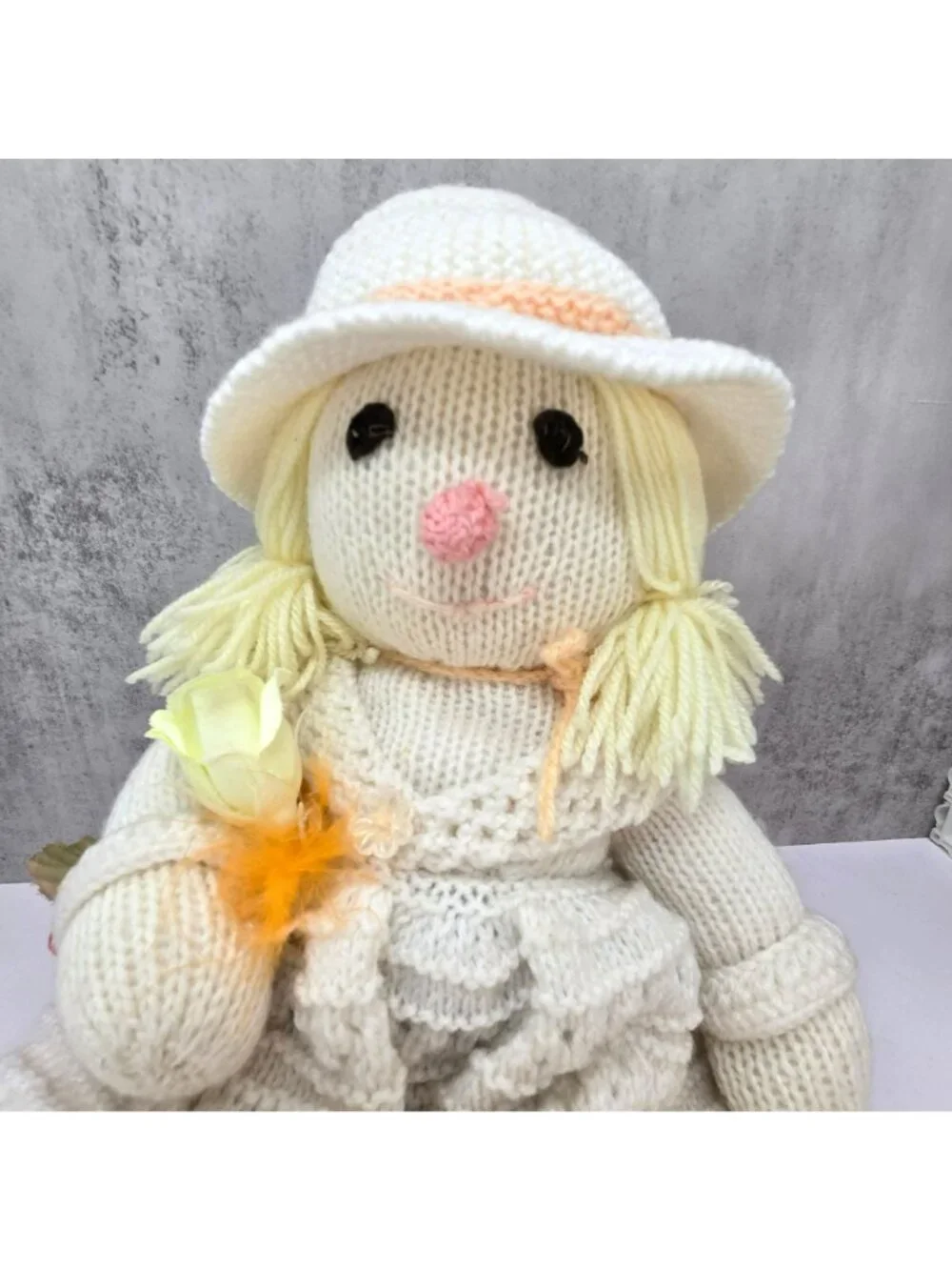 Knitted Victorian Style Doll Hat & Dress Blonde Yarn Hair Soft Plush Toy VL5184